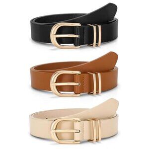 Women Leather Belt 3 Pack Faux Gold Buckle Waist Belts for Jeans Dresses Pants